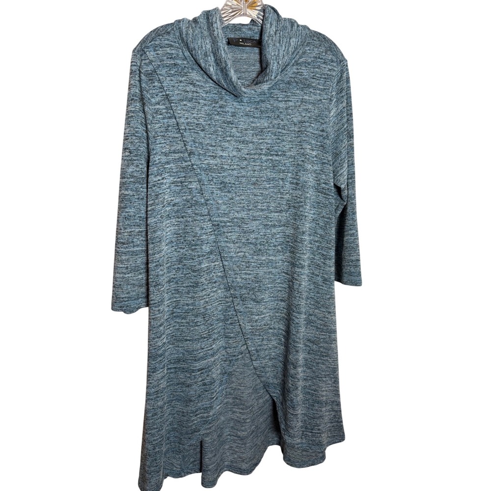 P. Luca Milano Cowl Neck Tunic Women L Blue Marled Tulip Hem 3/4 Sleeve